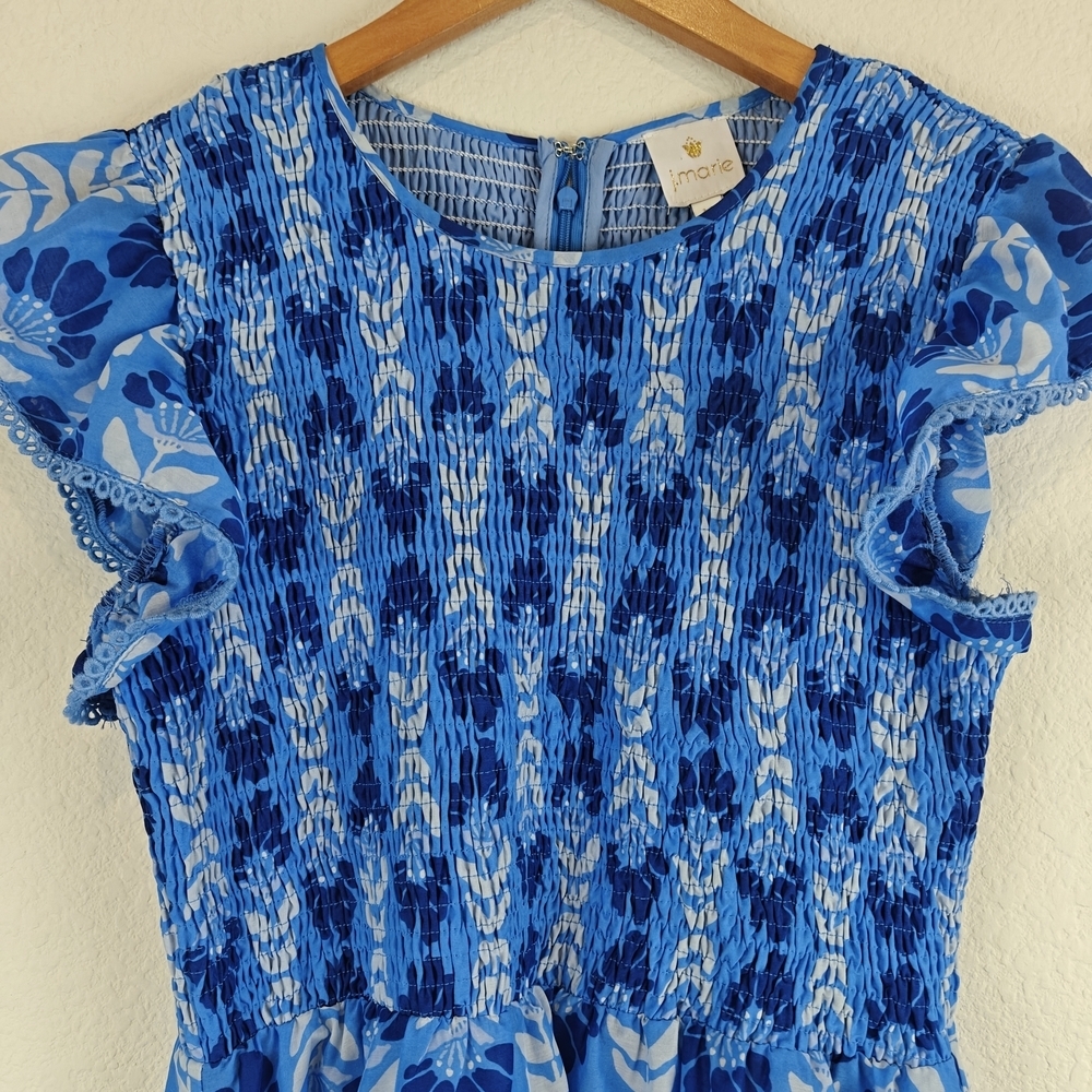 J. Marie Nwot The Luna Ruched Midi Floral Blue Dress Ruffle Sleeves Sz Medium - Picture 10 of 16